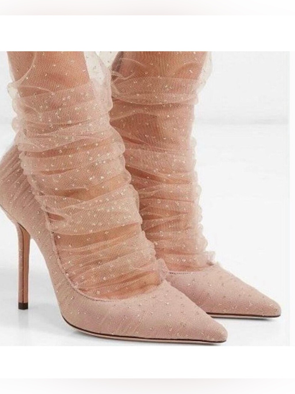 Jimmy Choo Lavish 100 Ballet Pink Ruched Glitter Mesh Heels | 39.5